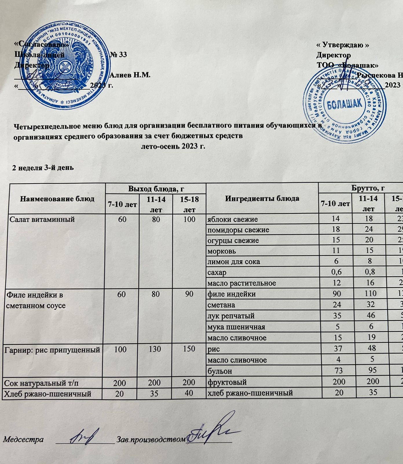 Ас мәзірі 2- апта, 3-ші күн. Жаз-Күз