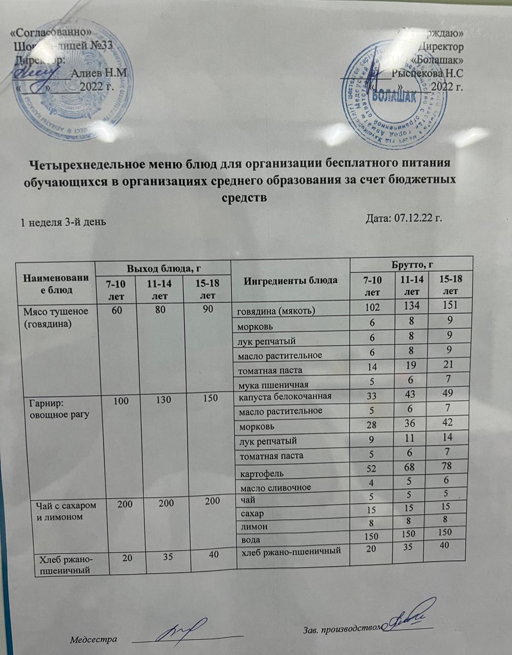 Ас мәзірі Жаз-күз 1-ші апта, 3-ші күн