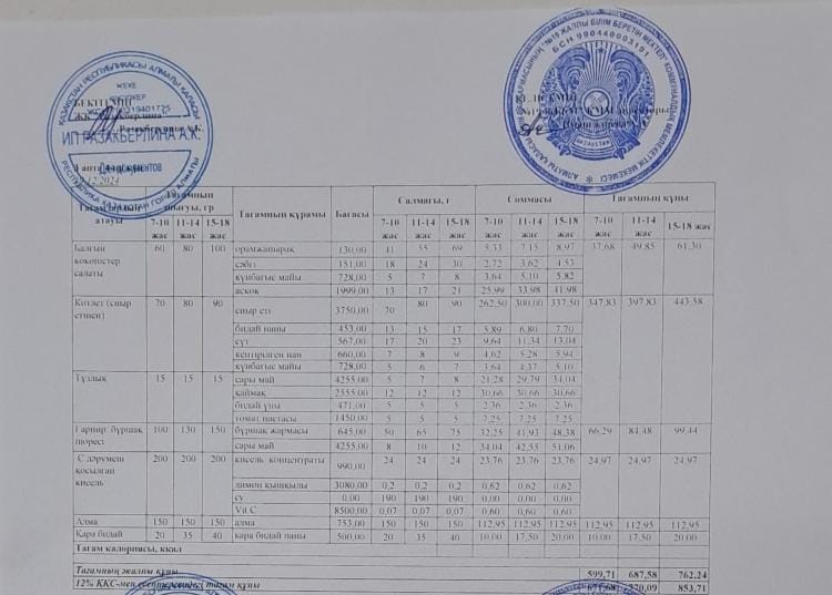 Күнделікті тегін тамақтану мәзірі (20.12.2024)