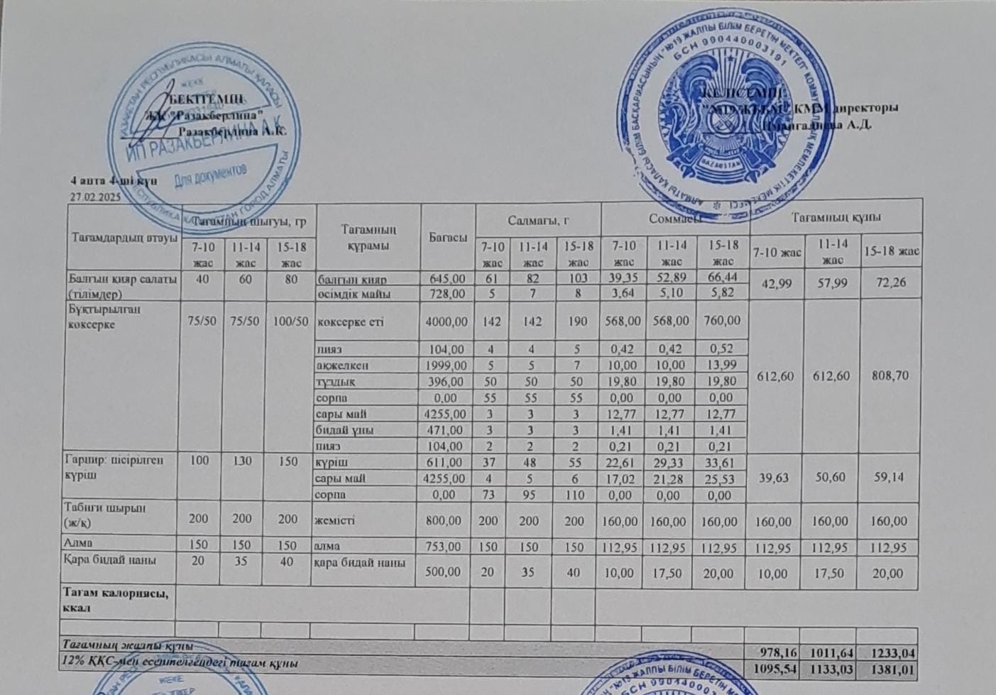 Күнделікті тегін тамақтану мәзірі (27.02.2025)