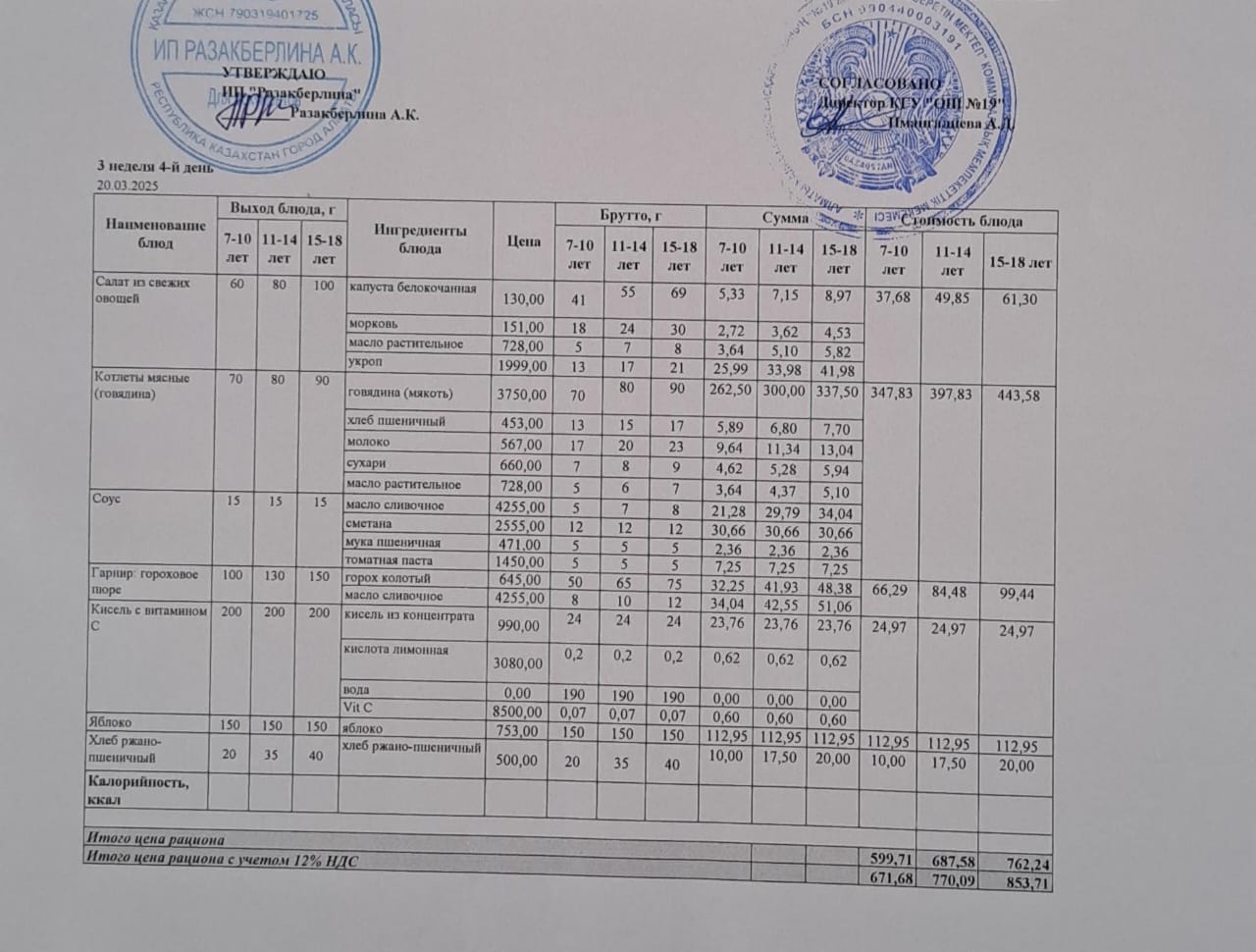 Күнделікті тегін тамақтану мәзірі (20.03.2025)