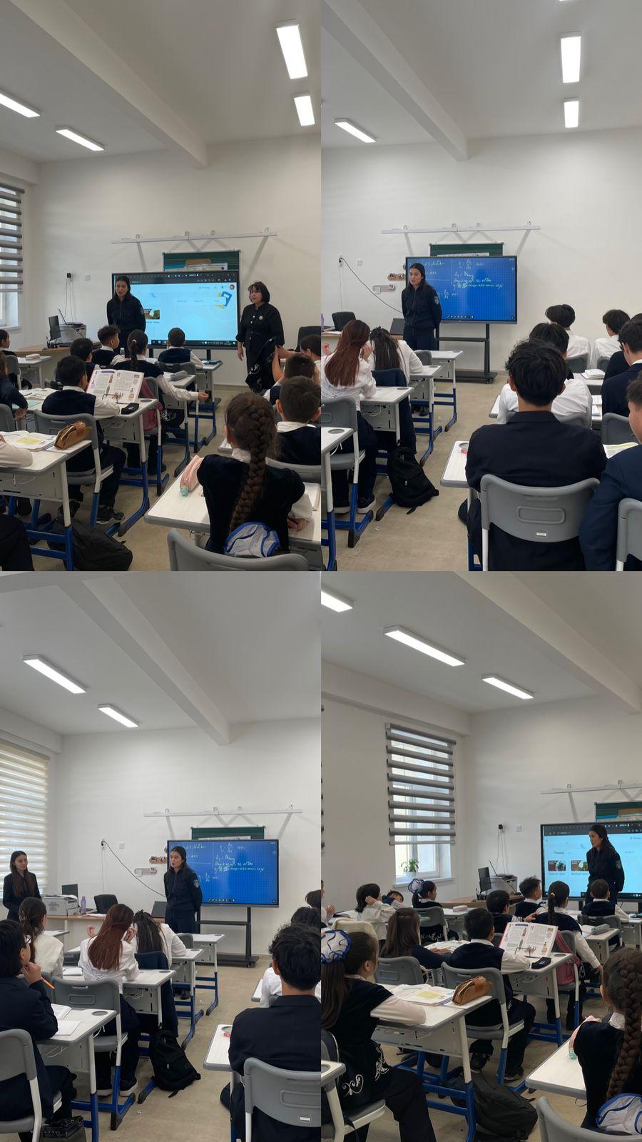 Мектебімізде   мектеп инспекторы Мұрат Жанар Жанболатқызы            5 «Ә», 8 «Ә» сынып оқушыларына  балалардың түнгі мезгілде жүрмеулерін, мектепте тәртіпті сақтау керектігі,  құқықтық сауаттылықты арттыру, заңсыз іс-әрекеттер жасаудан қорғау жас ұр